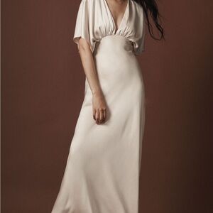 BHLDN Anthropologie Amelia Deep-V Flutter Sleeve Satin A-Line gown